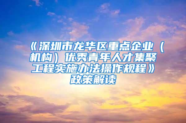 《深圳市龙华区重点企业（机构）优秀青年人才集聚工程实施办法操作规程》政策解读