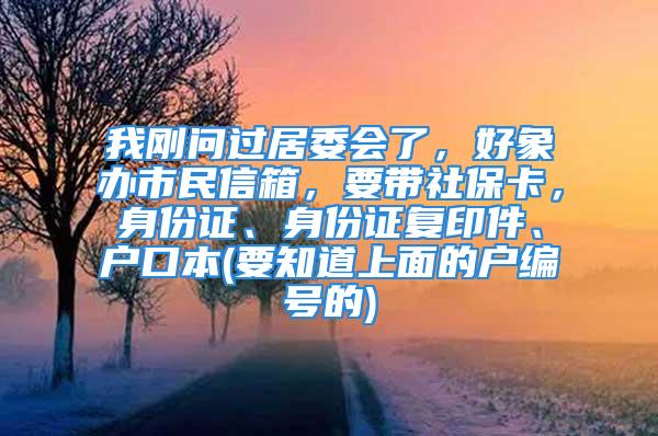 我刚问过居委会了，好象办市民信箱，要带社保卡，身份证、身份证复印件、户口本(要知道上面的户编号的)